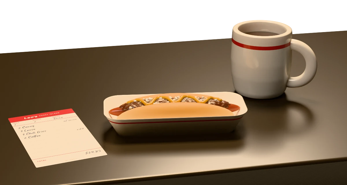 A Leo's Coney Island counter at night, in warm charcoal formica with a ribbed chrome edge: a coney dog with chili, yellow mustard and diced onion in a white paper boat, a guest check for table 7 with two coneys, a loose and chili fries, and a white diner mug of coffee with a red band.