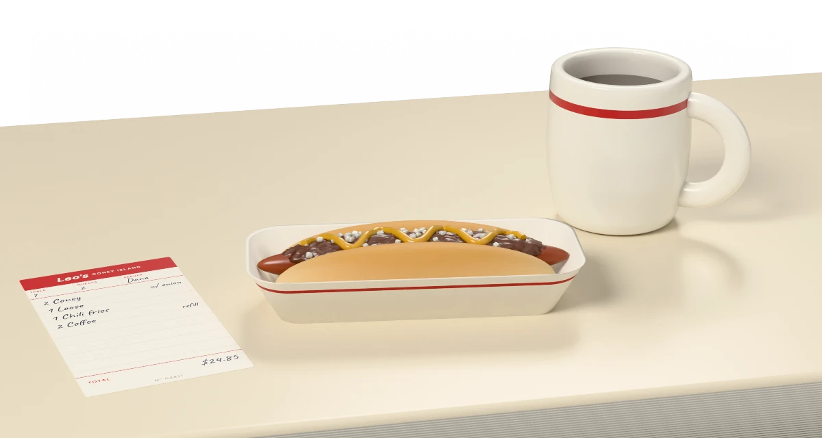 A Leo's Coney Island counter in cream formica with a ribbed chrome edge: a coney dog with chili, yellow mustard and diced onion in a white paper boat, a guest check for table 7 with two coneys, a loose and chili fries, and a white diner mug of coffee with a red band.